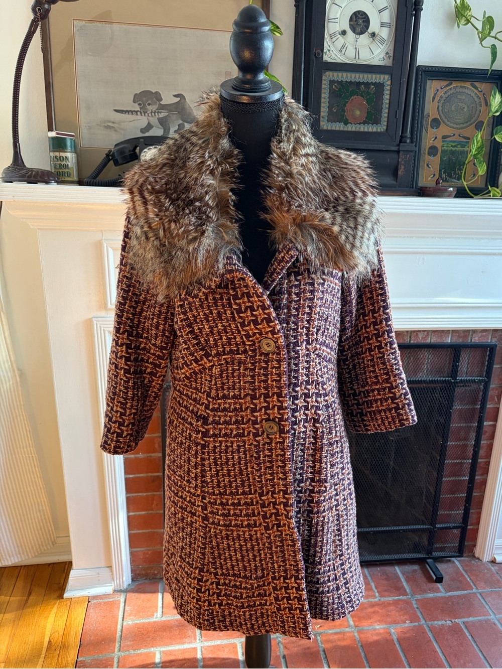 Women’s Brown Tweed Peacoat with Faux Fur Collar